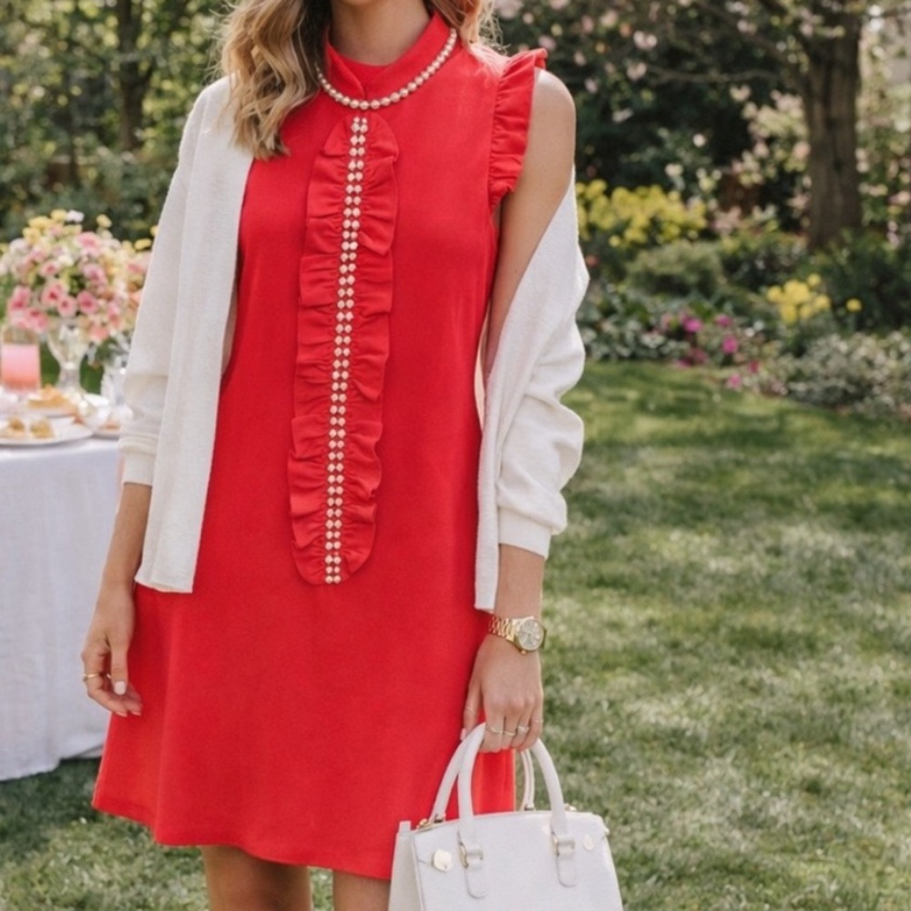 NWT Lilly Pulitzer Sz 6 Adalee Shift Ruby Red Dress with Ruffle and Pearl Detail